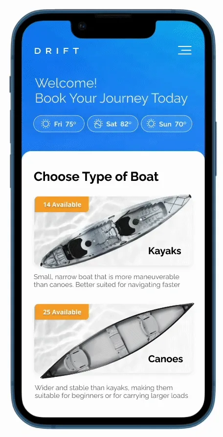 Drift app gif, home to select kayak